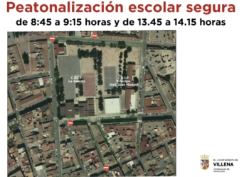 Villena aplica la peatonalización del acceso a los centros escolares Príncipe Don Juan Manuel, La Celada y Joaquín María López