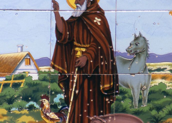 Representación artística de San Antonio acompañado de su inseparable cerdita y otros animales.