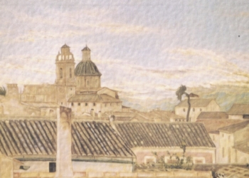 Dibujo de la iglesia con la antigua Casa Abadía (1921) | AlicantePedia.com