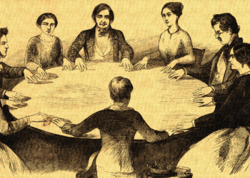 Una sesión de espiritismo, tal y como se veía en un grabado de la época.