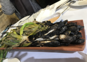 Una ración de calcots servida sobre la tradicional teja.